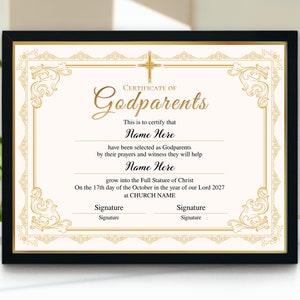 Plantilla de certificado de padrinos, Certificado de padrinos editable imprimible, Certificado de bautismo, Certificado de padrinos de regalo elegante de oro