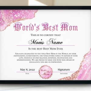 Plantilla de certificado de mejor mamá, certificado del día de la madre, premio a la mejor mamá, regalo personalizable para el día de la madre, regalo para el cumpleaños de la madre