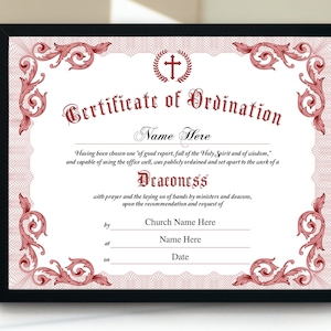 Deaconess Ordination Certificate Template, Printable Editable Certificate of Ordination, Ministry Certificate, 11x8.5 Ordained Minister