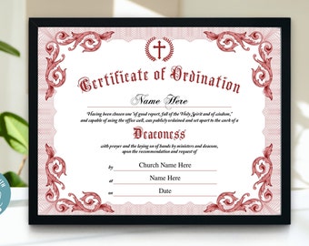 Deaconess Ordination Certificate Template, Printable Editable Certificate of Ordination, Ministry Certificate, 11x8.5 Ordained Minister