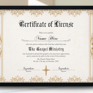 Gospel Ministry Certificate of License, Printable Ordained Minister Certificate, Elegant Licensed Minister Certificate, Editable Ordination