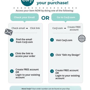 May include: A white and teal graphic with instructions for accessing a purchase. The text reads "Thank you for your purchase!" and provides steps to access the item via email or Corjl.com. The Corjl logo is at the top.