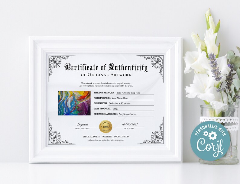 Certificate of Authenticity for Artwork Editable Certificate of