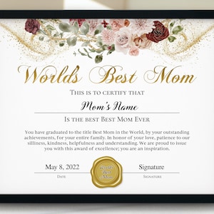 Plantilla editable de certificado de mejor mamá, regalo personalizable para mamá, certificado del día de la madre imprimible, certificado de regalo para el día de la madre