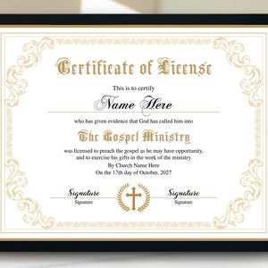 Gospel Ministry Certificate Template, Printable Ordained Minister Certificate, Editable Ordination Certificate, Gold Certificate of License