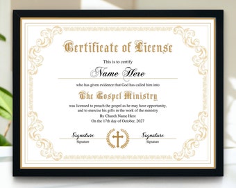 Gospel Ministry Certificate Template, Printable Ordained Minister Certificate, Editable Ordination Certificate, Gold Certificate of License