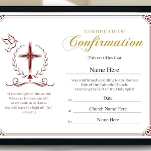 Confirmation Certificate, 11x8.5 Printable Editable Confirmation Certificate, Catholic Confirmation Certificate Template, Church Certificate