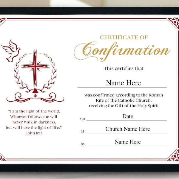 Confirmation Certificate, 11x8.5 Printable Editable Confirmation Certificate, Catholic Confirmation Certificate Template, Church Certificate