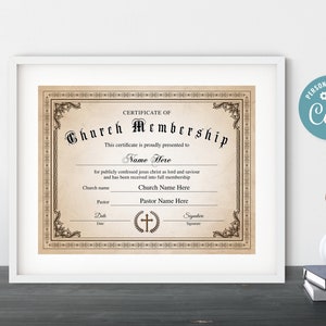 Church Membership Certificate, 11x8.5 Printable Editable Certificate of Membership, New Member ...
