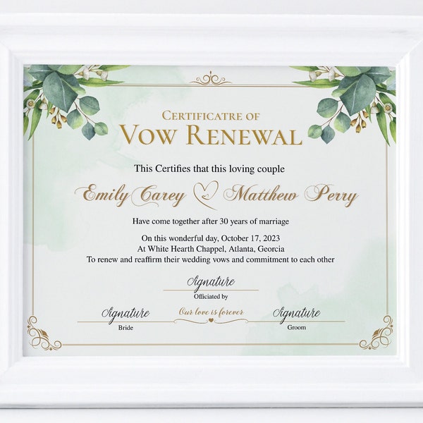 Greenery Vow Renewal Certificate Template, Minimalist Printable Certificate of Vow Renewal,Wedding Vows Renewal,Editable Wedding Certificate