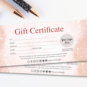 Plantilla de certificado de regalo con brillo rosa, diseño de certificado moderno y elegante, vale de regalo imprimible para vacaciones, tarjeta de regalo rosa con brillo perla