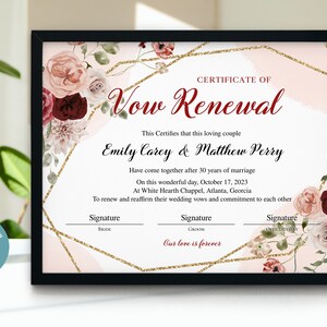 Vow Renewal Certificate Template, Editable Printable Wedding ...