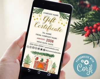 Virtual Gift Certificate, E-Gift Voucher, Virtual  Xmas Gift Voucher, Christmas Gift Certificate, Holiday Editable Gift Certificate e-card