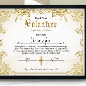 Elegant Volunteer Appreciation Certificate Template, Editable Printable Religious Volunteer Certificate, Christian Gift for Ministry Workers