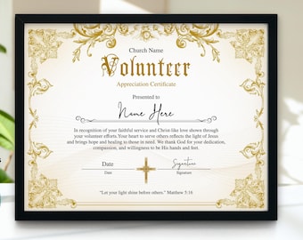 Elegant Volunteer Appreciation Certificate Template, Editable Printable Religious Volunteer Certificate, Christian Gift for Ministry Workers