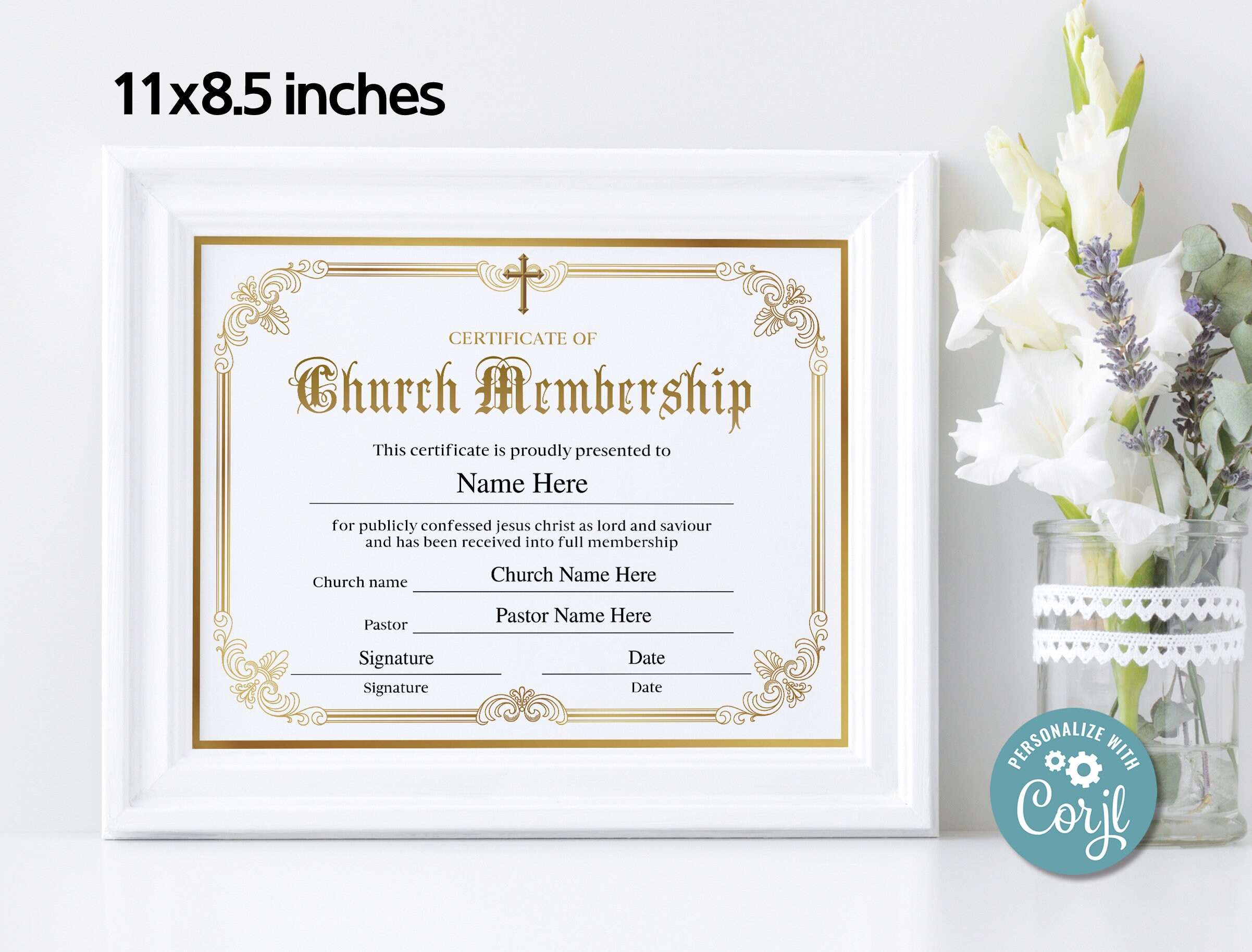 Church Membership Certificate, 11x8.5 Editable Certificate of
