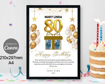 Contant geld cadeau voor 80e verjaardag, gepersonaliseerd geldcadeau voor de 80e verjaardag, verrassingsgeld cadeau-ideeën, 80e verjaardagscadeau voor grootouders