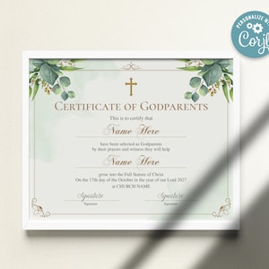 Godparents Certificate Template, Printable Editable Godparents ...