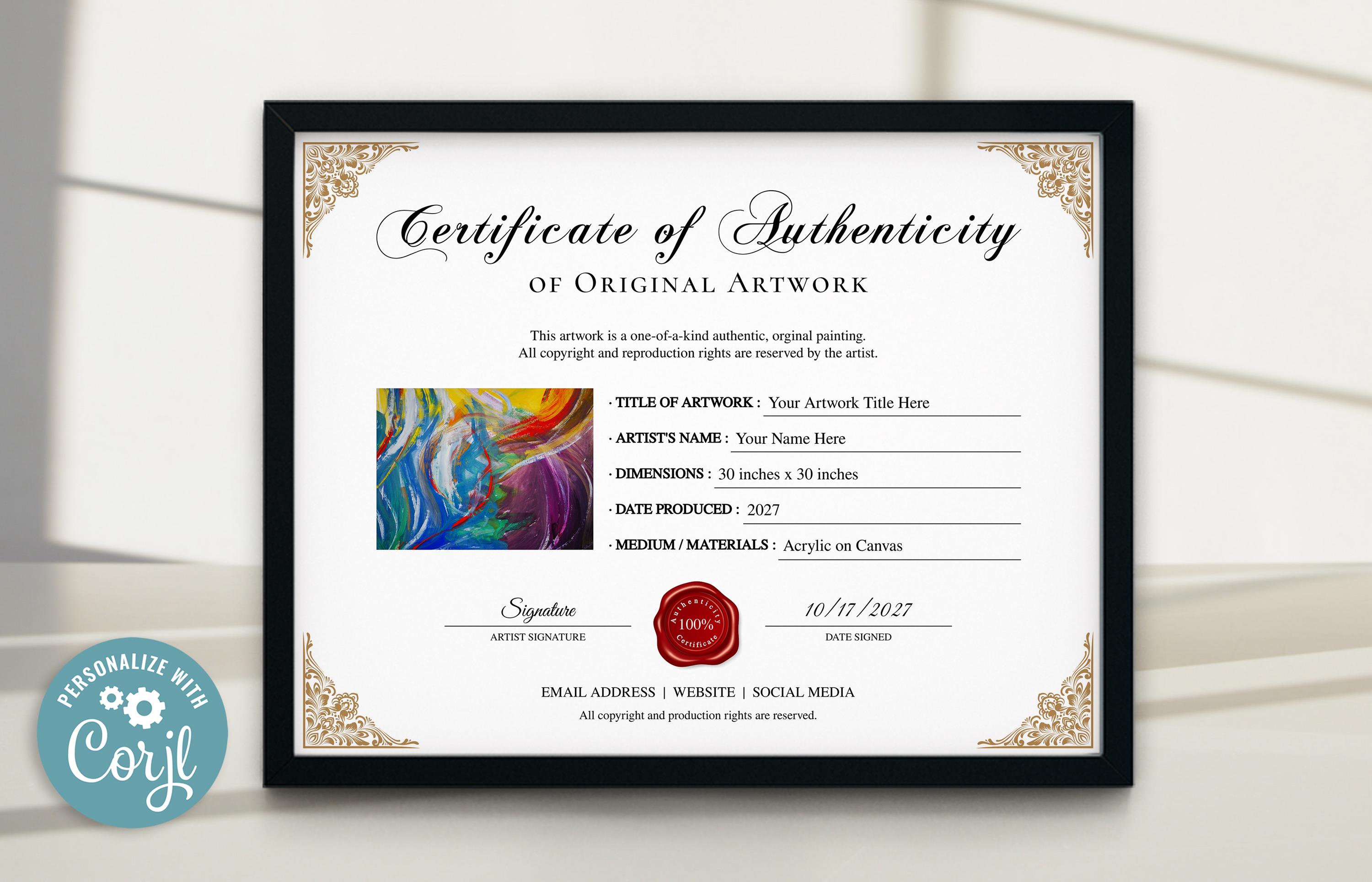 鯰江光二　CERTIFICATE OF AUTHENTICITY Editable Certificate of Authenticity, Printable Certificate of