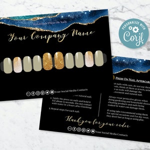 Press On Nail Anweisungen, wie man Press-On Nails Card anwendet, Press On Nail Sizing Kit, Press On Nail Sizing Kit, Schwarz und Gold Vorlage
