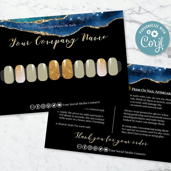 Press On Nail Instructions, How To Apply Press-On Nails Card, Press On Nail Sizing Kit, Press On Nail Sizing Kit, Black and Gold Template