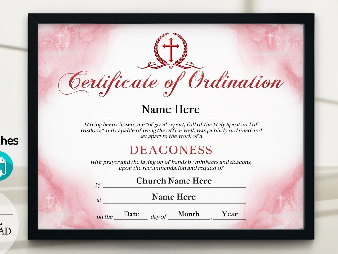 11x8.5 Deaconess Ordination Certificate, Red DIY Editable Certificate ...