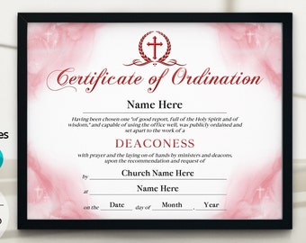 11x8,5 Diakonissen Ordination Zertifikat, rote DIY bearbeitbare Ordinationsurkunde, PDF, PPT, druckbare Zertifikatvorlage-Benutzerdefinierter Download