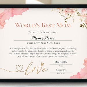 Certificado editable de mejor mamá, plantilla de certificado de premio del día de la madre de la mejor mamá, regalo personalizado para el día de la madre, certificado del día de la madre