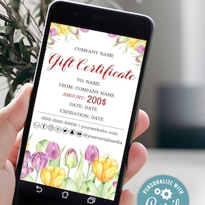 Certificado de regalo de tulipanes morados y amarillos, vale de regalo virtual, tarjeta electrónica editable de vacaciones de tulipán de acuarela, plantilla de certificado de regalo de vacaciones