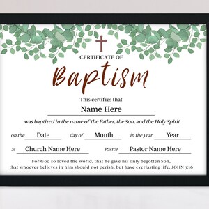 Certificado de Bautismo 7x5, Descargar, Editable, Plantilla de Certificado de Bautismo de Bebé Imprimible, Certificado de Dedicación de Bebé, Certificado de la Iglesia,