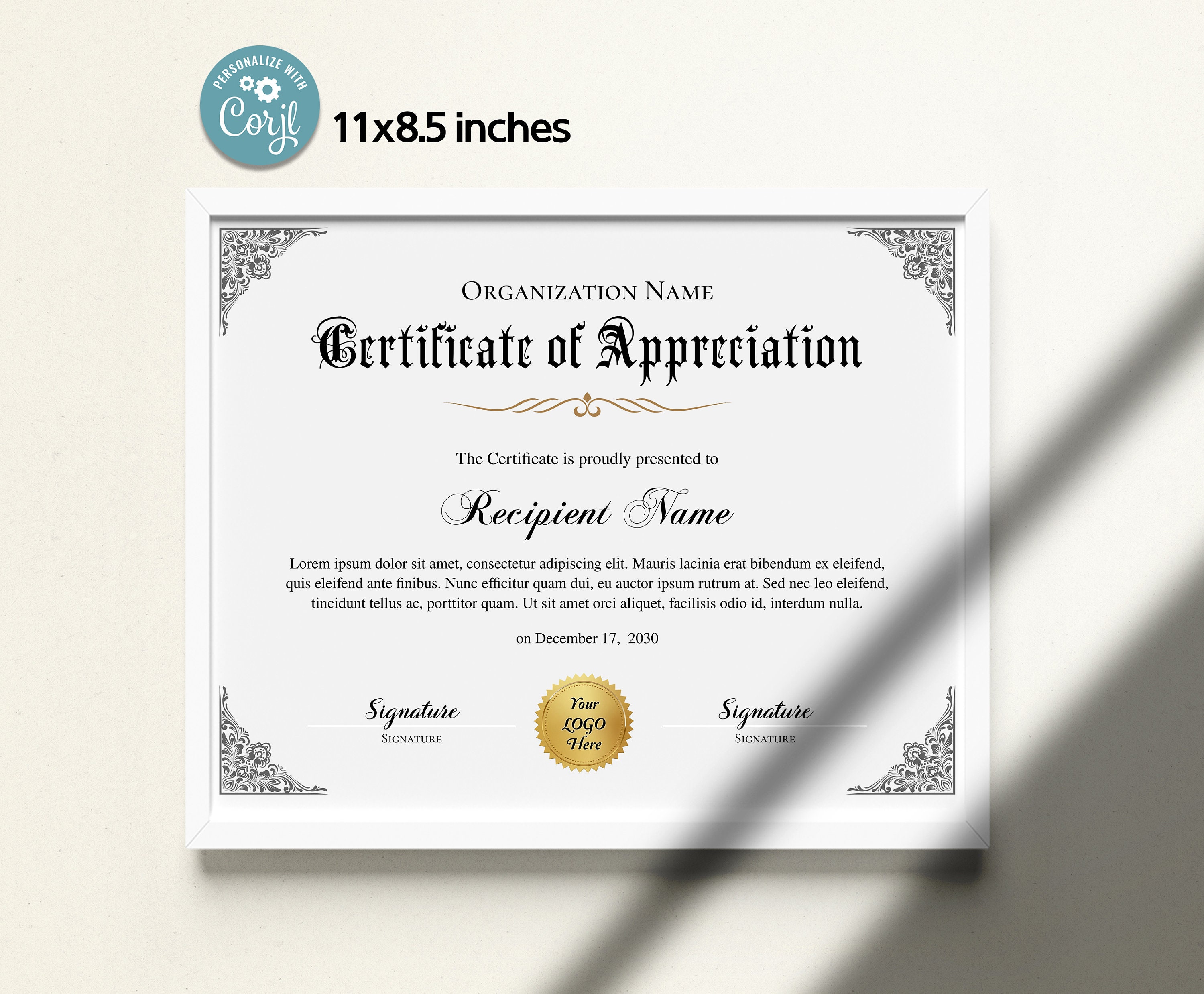 Printable Certificate Of Appreciation Editable Certificate Etsy
