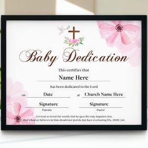 Certificado de dedicación de bebé, plantilla de certificado de dedicación de bebé niña, regalo de bautismo editable 11x8.5, dedicación de bautizo de bebé imprimibles