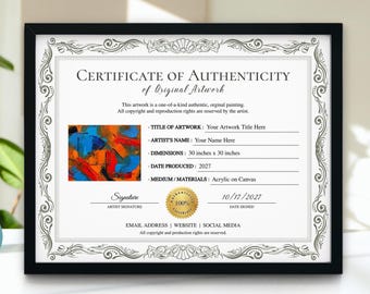 Certificate of Authenticity, Authenticity Certificate COA Template, Customizable Template for Paintings, Art Certificate of Authenticity