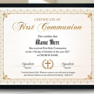 First Communion Certificate Template, 11x8.5 Printable First Communion ...