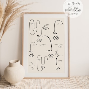 Line Drawing Of Faces, Minimalist Line Drawing, Face Line Art Print, Faces Wall Art, Boho Wall Art, Abstract Faces Line Art, Boho Print