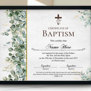 Certificado de bautismo en acuarela con vegetación dorada, regalo de bautismo, certificado de bautismo imprimible y editable, plantilla de formulario de iglesia para bautismo con vegetación