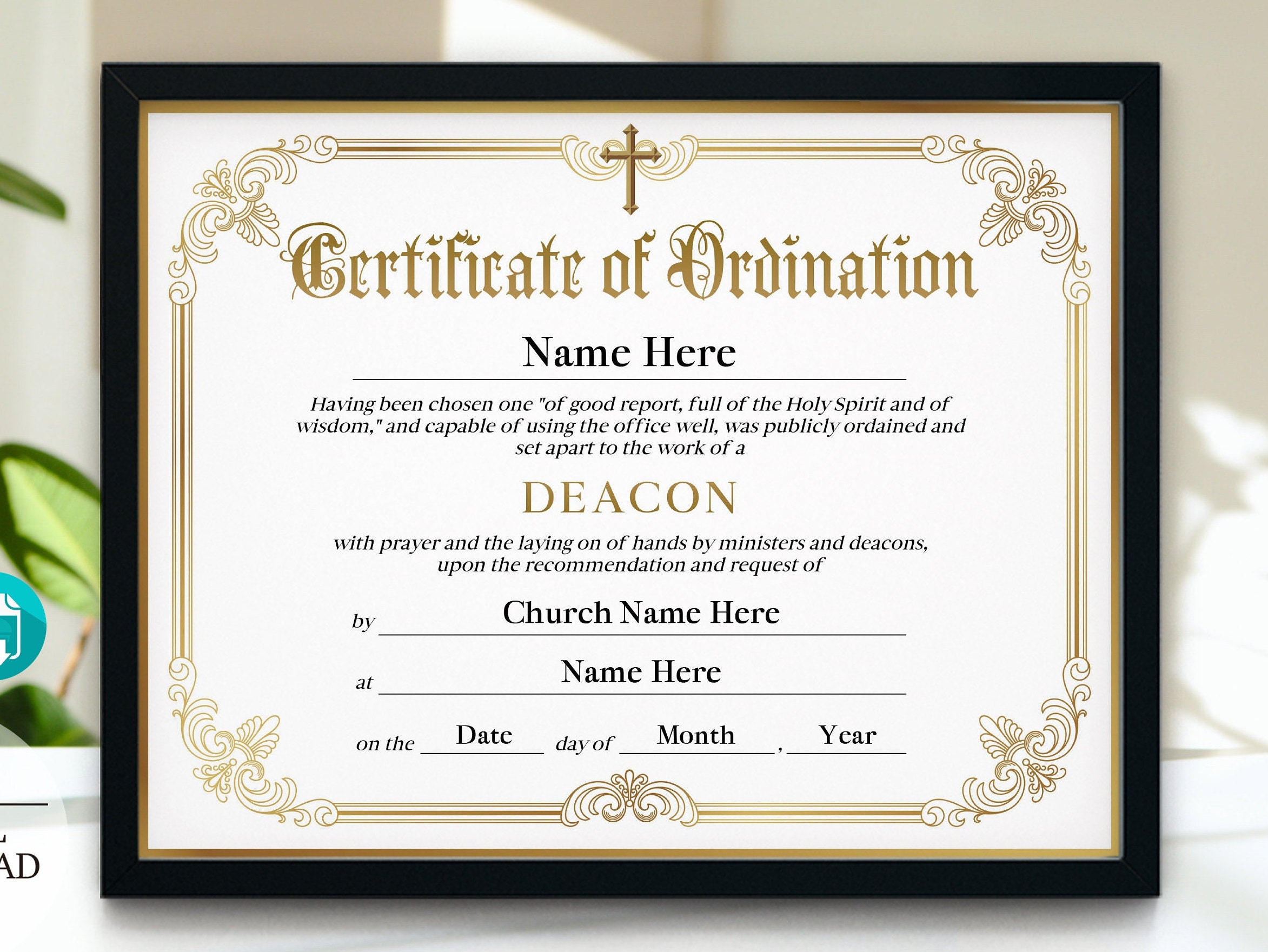 Deacon Ordination Certificate Template, Printable Certificate of
