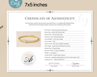 Modello di certificato di autenticità per gioielli, certificato di autenticità 5x7 per bracciale, certificato di gioielleria, titolari di attività di gioielleria