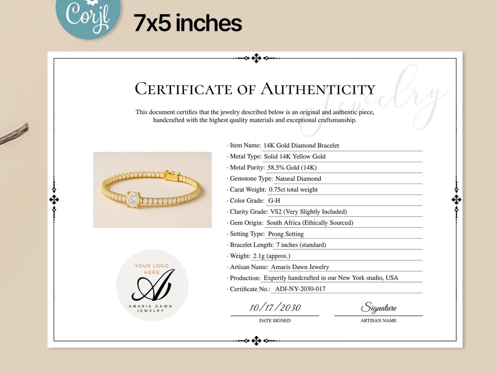 Certificate of Authenticity for Jewelry Template, 5x7 Certificate 
