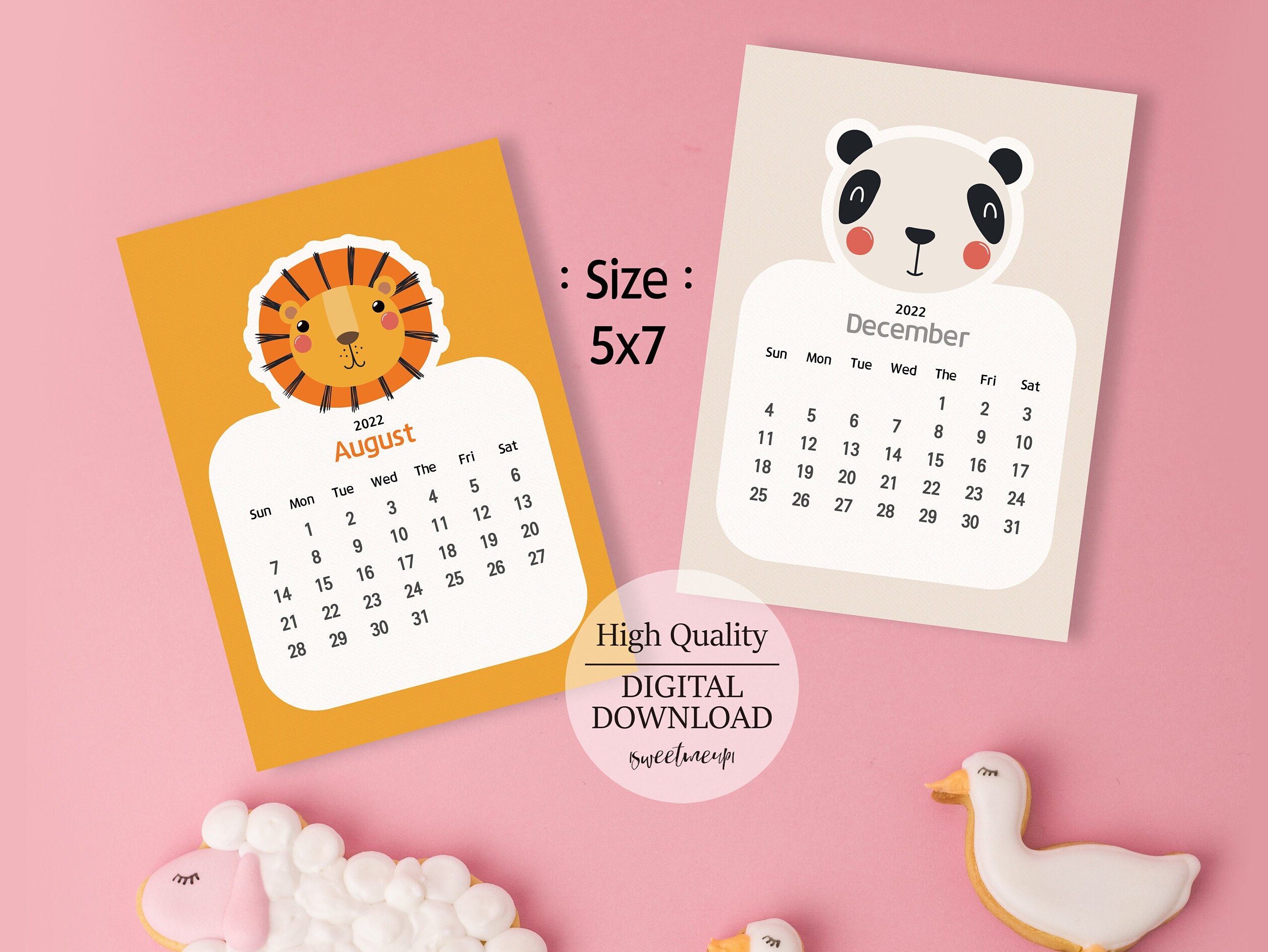 2022 Desk Calendar Cute Animal Calendar 5x7 Printable Etsy