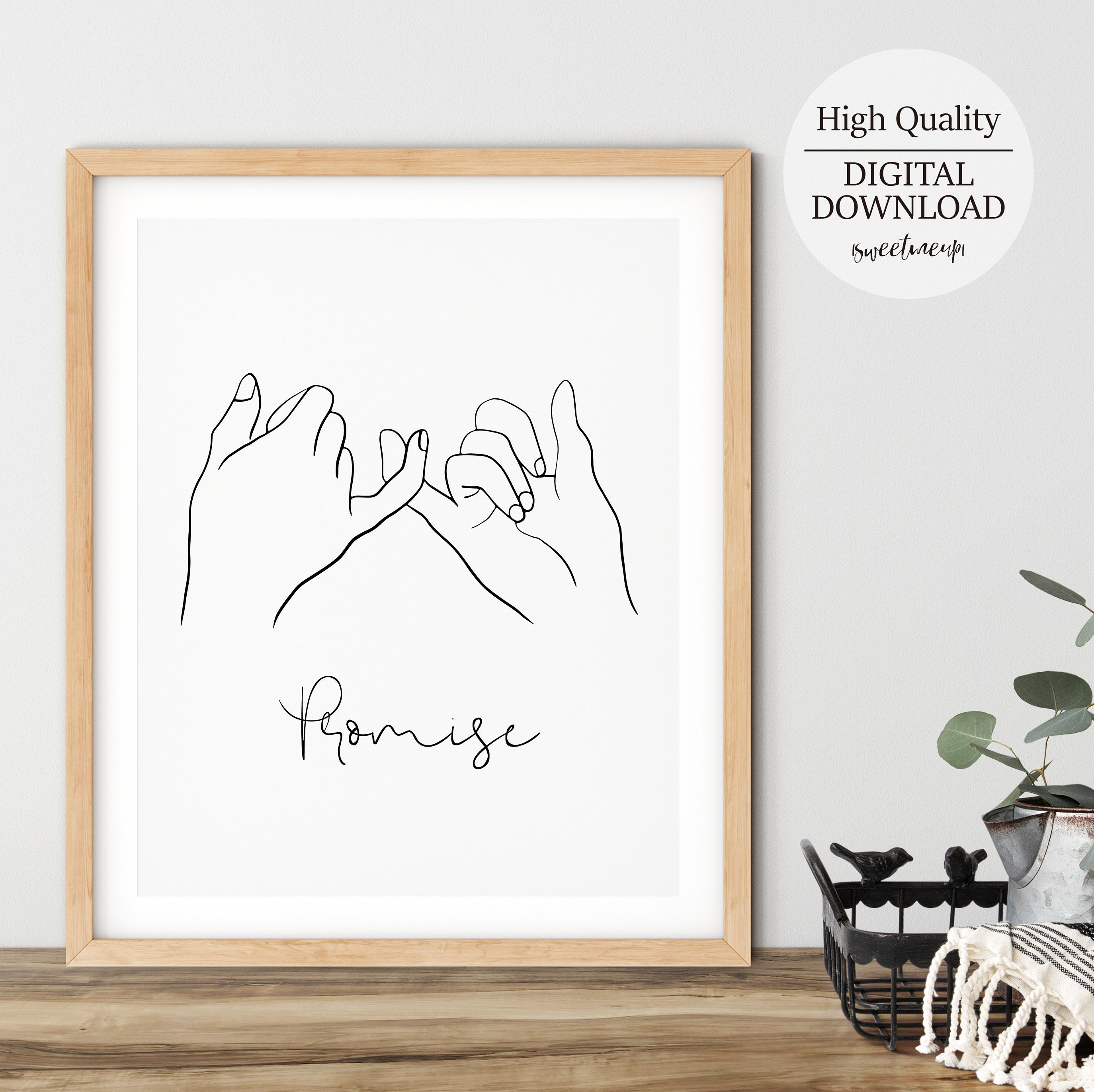 Romantic couple pinky promise line art, pinky swear contour drawings,  minimalist lovers holding hands one line drawing, Doodle flower on  watercolor texture set, Artwork No 6/9 Art Print by Creative Modern Art