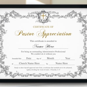 Pastor Appreciation Certificate, 11x8.5 Certificate of Appreciation, Editable Printable Certificate Template, Appreciation Gift Certificate
