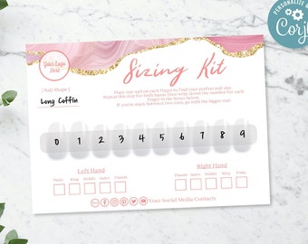 Puede incluir: Un kit de tallas para uñas largas en forma de ataúd, de color rosa y dorado. El kit incluye una tabla con tamaños de uñas numerados y casillas para marcar el tamaño de cada dedo de ambas manos.