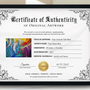 Certificado de autenticidad para obras de arte, certificado de autenticidad editable, plantilla COA de certificado de autenticidad imprimible, minimalista
