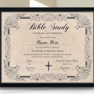 Modèle de certificat d'achèvement d'étude de la Bible vintage, certificat d'obtention du diplôme d'étude de la Bible imprimable, achèvement du cours d'étude de la Bible religieuse