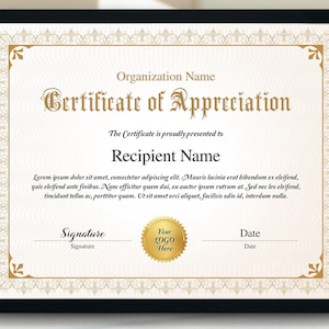 11x8.5 Certificate of Appreciation, Printable Elegant Gold Appreciation Certificate Template, Editable Appreciation Gift Certificate
