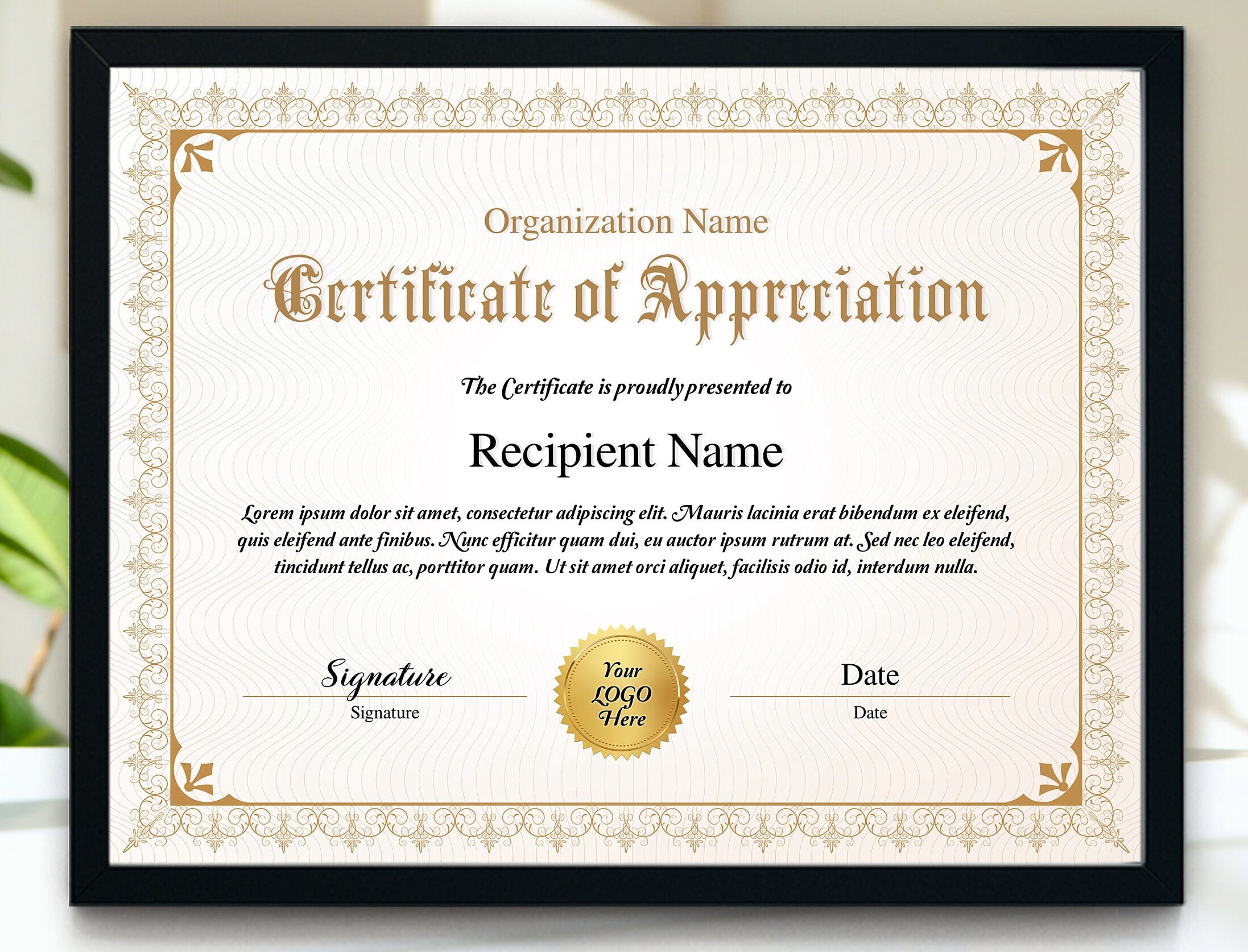 11x8.5 Certificate of Appreciation, Printable Elegant Gold Appreciation