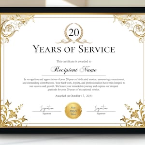 Può includere: Un certificato con un bordo dorato e un design ornamentale. Recita "20 anni di servizio" ed è conferito a "Recipient Name" il 17 ottobre 2030.