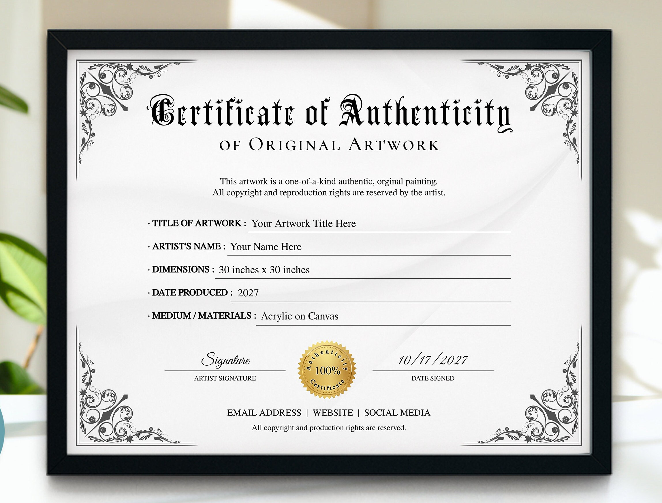 Printable Certificate of Authenticity Template, Editable