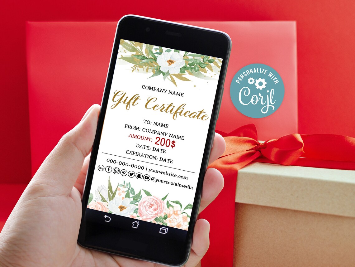 Mobile Gift Certificate Template Gold Floral Egift Voucher Etsy